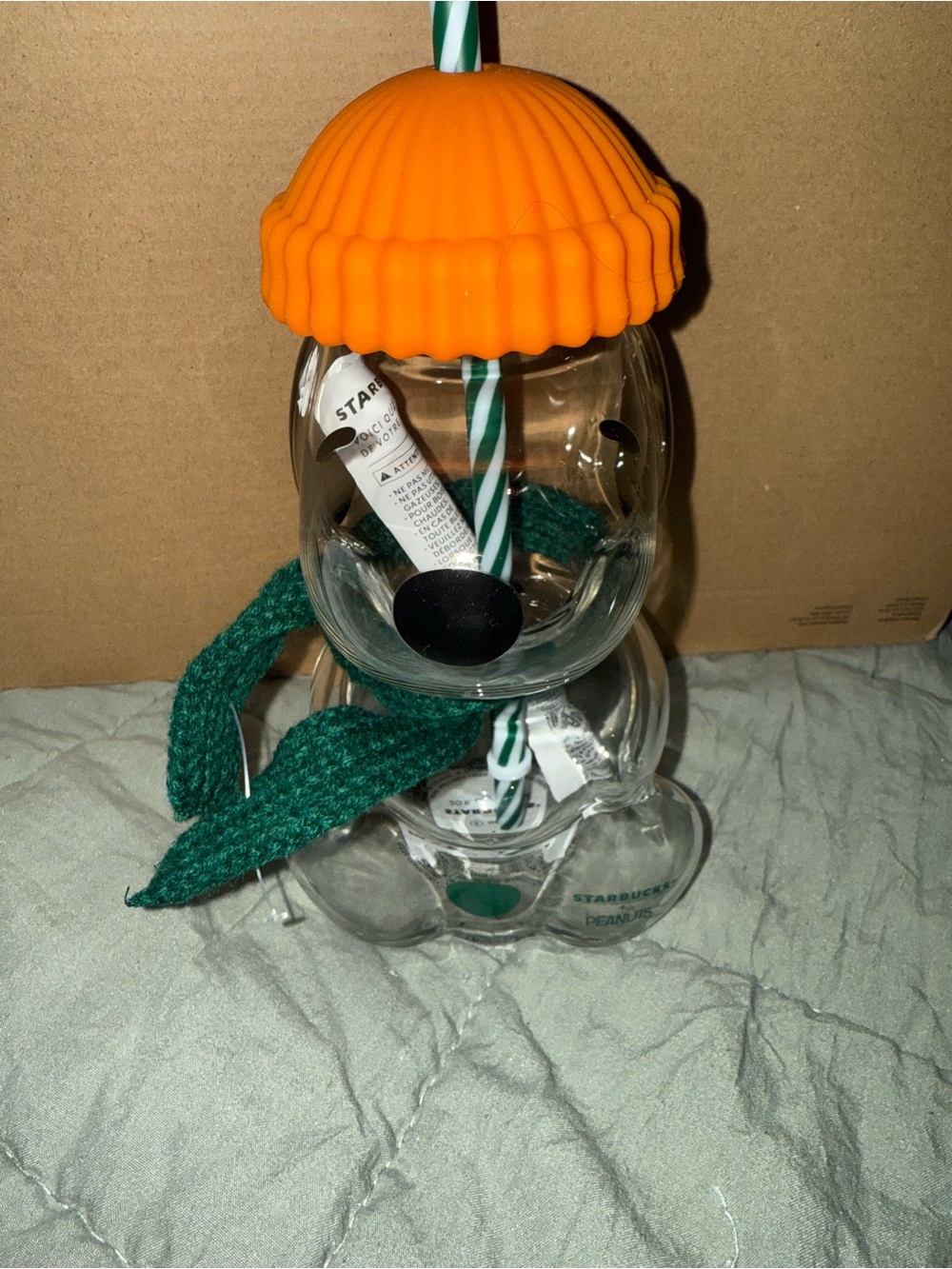 Starbucks snoopy clear cup with Orange Beanie and Green Scarf